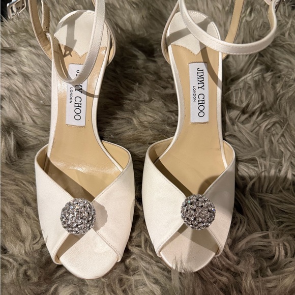Jimmy Choo Shoes - Jimmy Choo Ivory Satin Heels with Crystal Embellishment